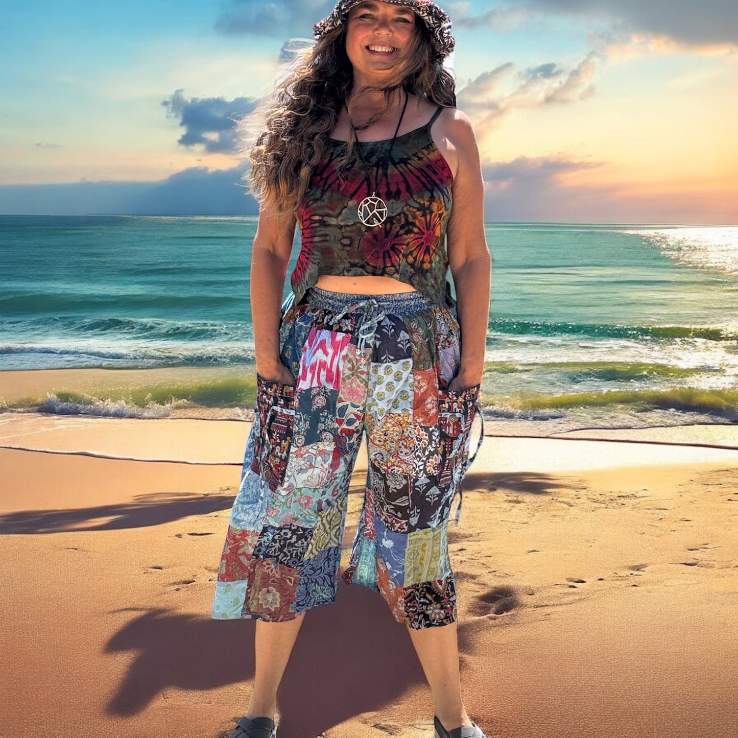 Long patchwork shorts with pockets