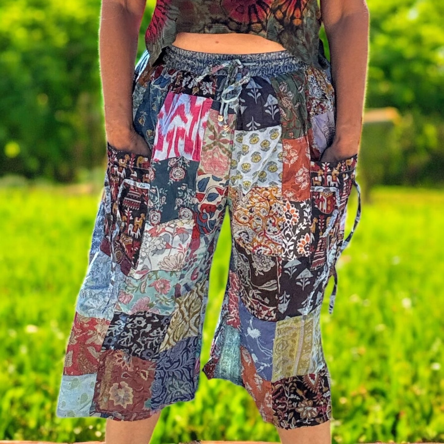 Long patchwork shorts with pockets