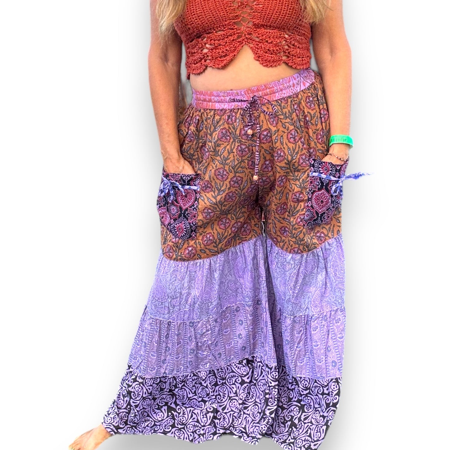 Layered Pants Palazzo Patchwork Cotton Bell Bottoms