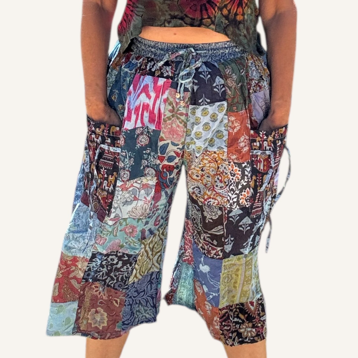 Long patchwork shorts with pockets