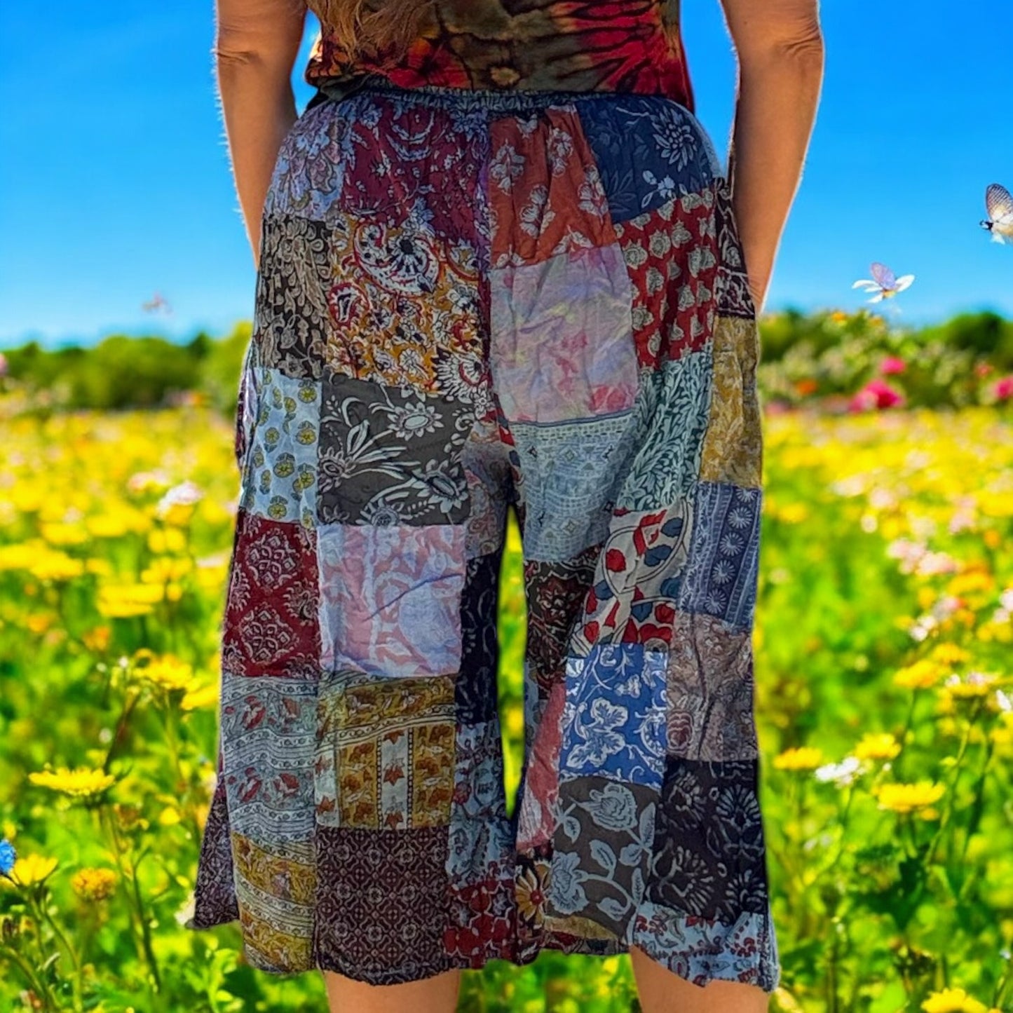 Long patchwork shorts with pockets