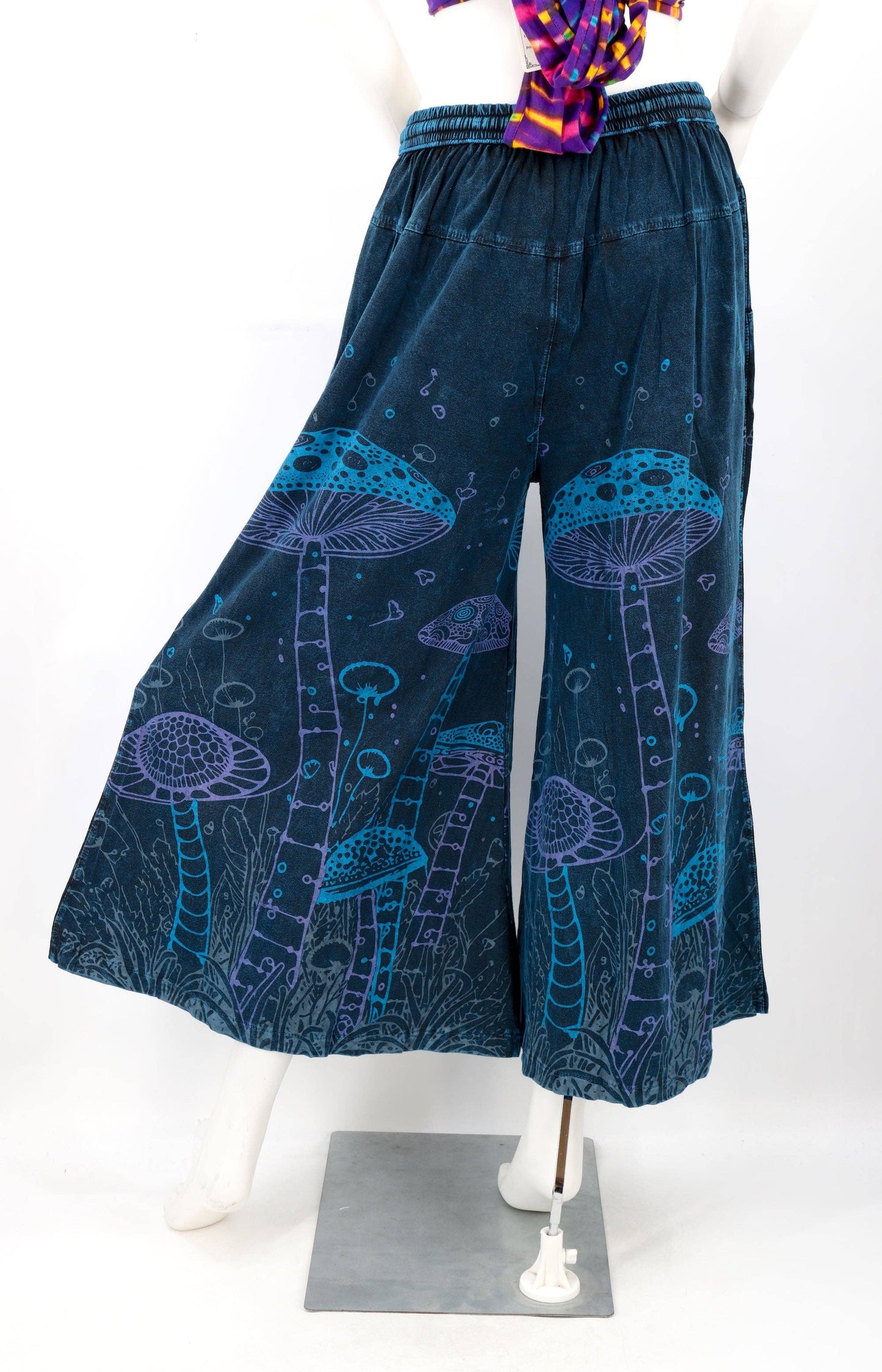 Mushroom Print Wide Leg Palazzo Pants | Stone-Washed Cotton