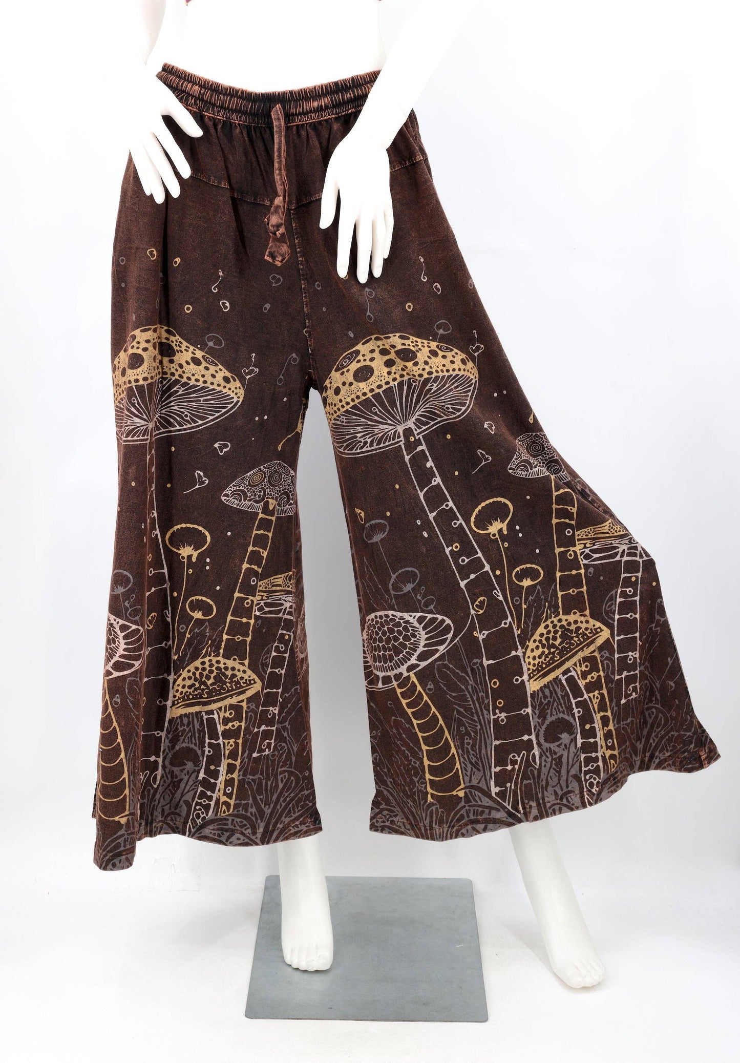Mushroom Print Wide Leg Palazzo Pants | Stone-Washed Cotton