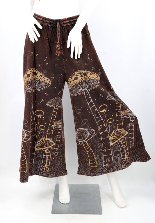 Mushroom Print Wide Leg Palazzo Pants | Stone-Washed Cotton