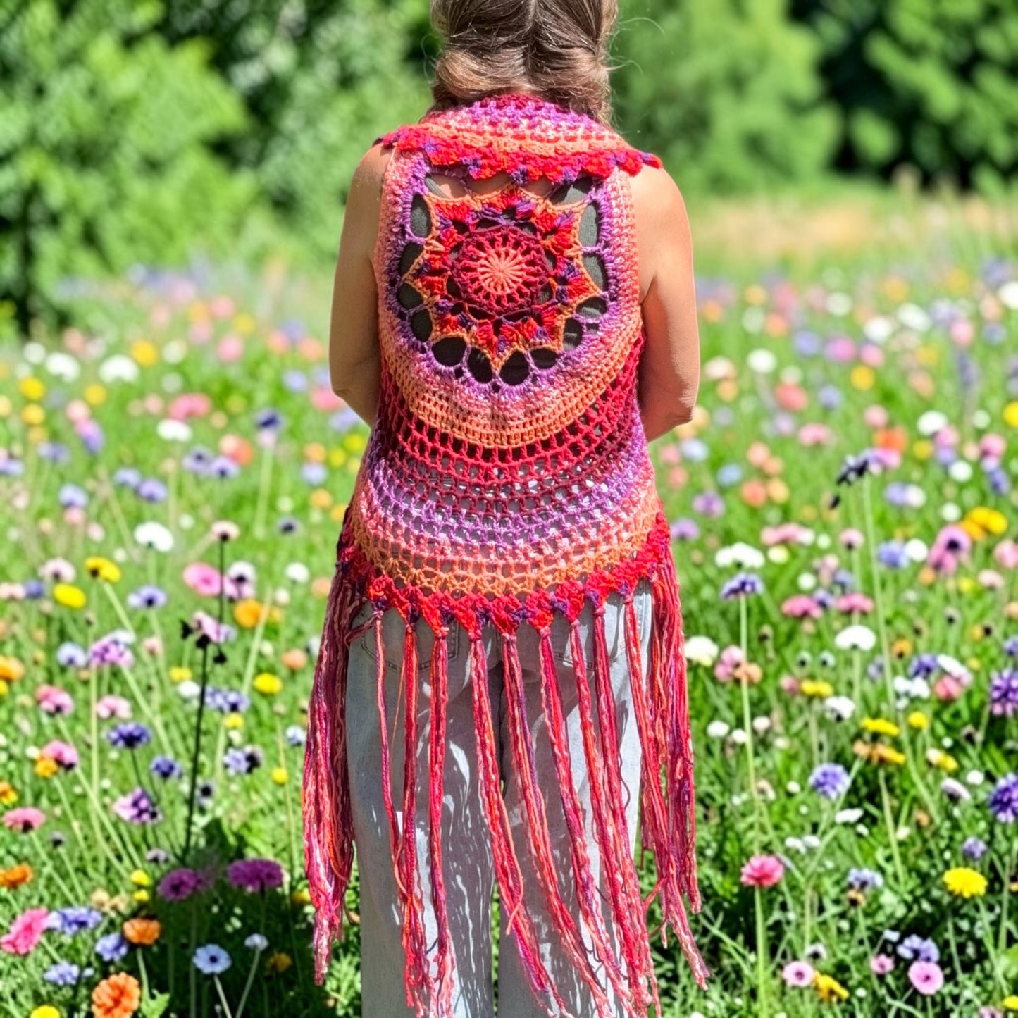 Crochet Fairy Vest with mandala on back and fringe