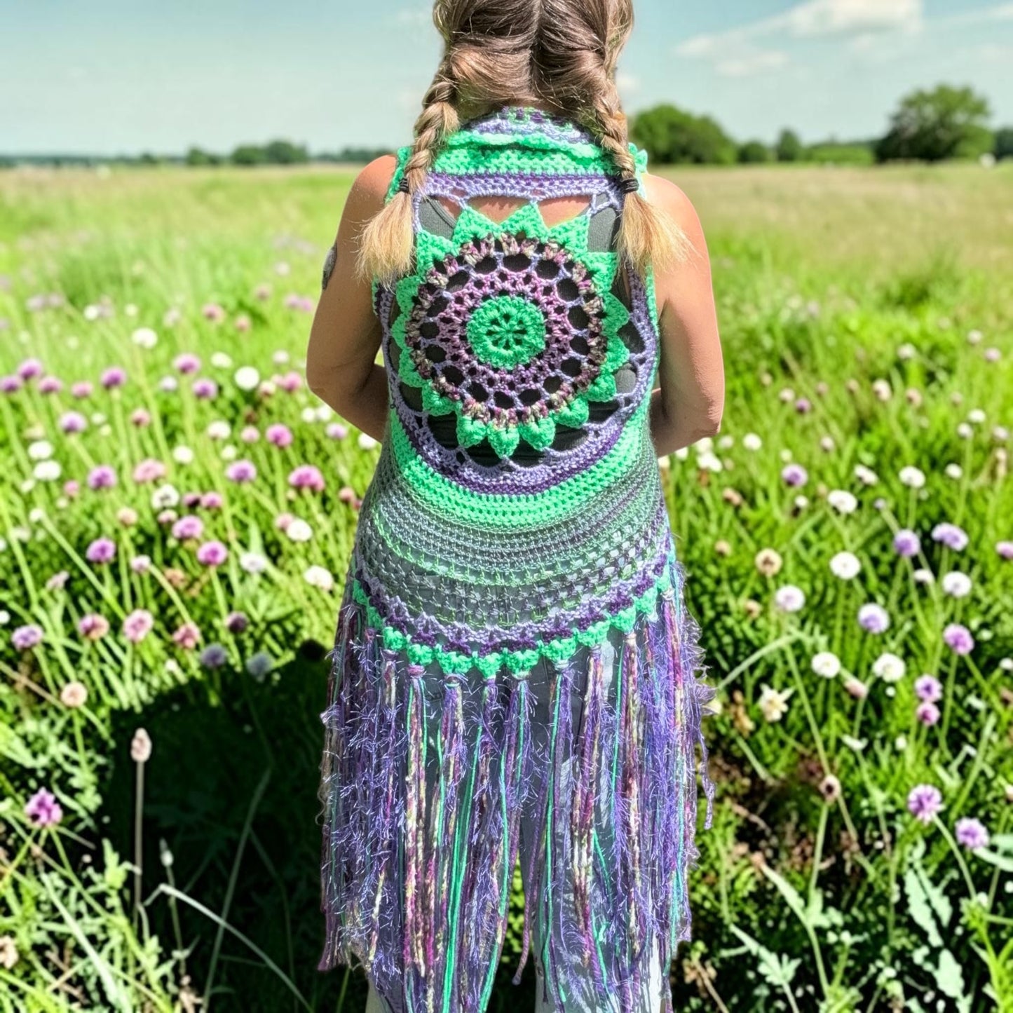 Crochet Fairy Vest with mandala on back and fringe