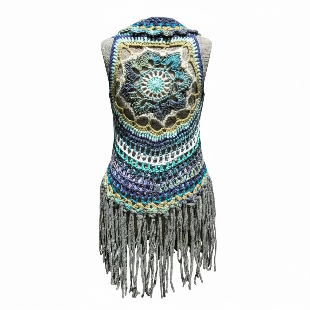 Crochet Fairy Vest with mandala on back and fringe
