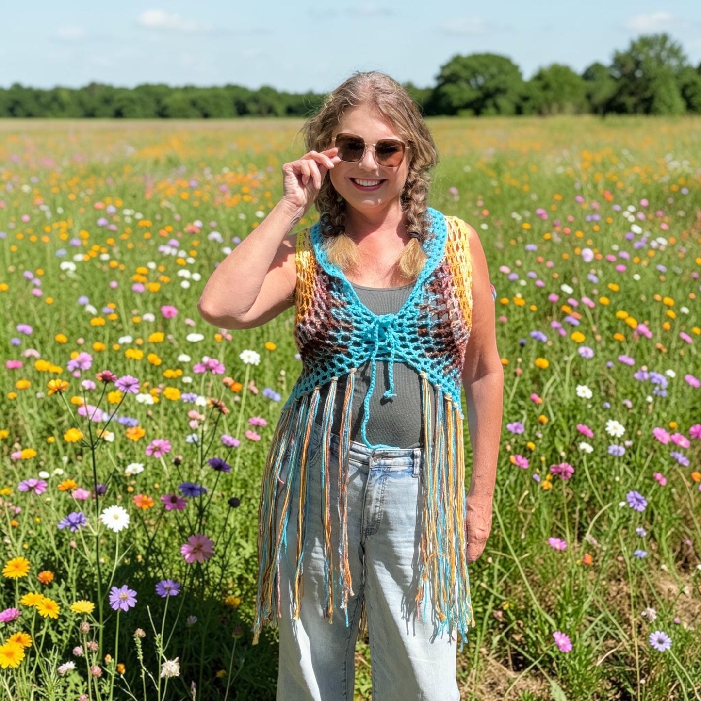 Crochet Fairy Vest with mandala on back and fringe