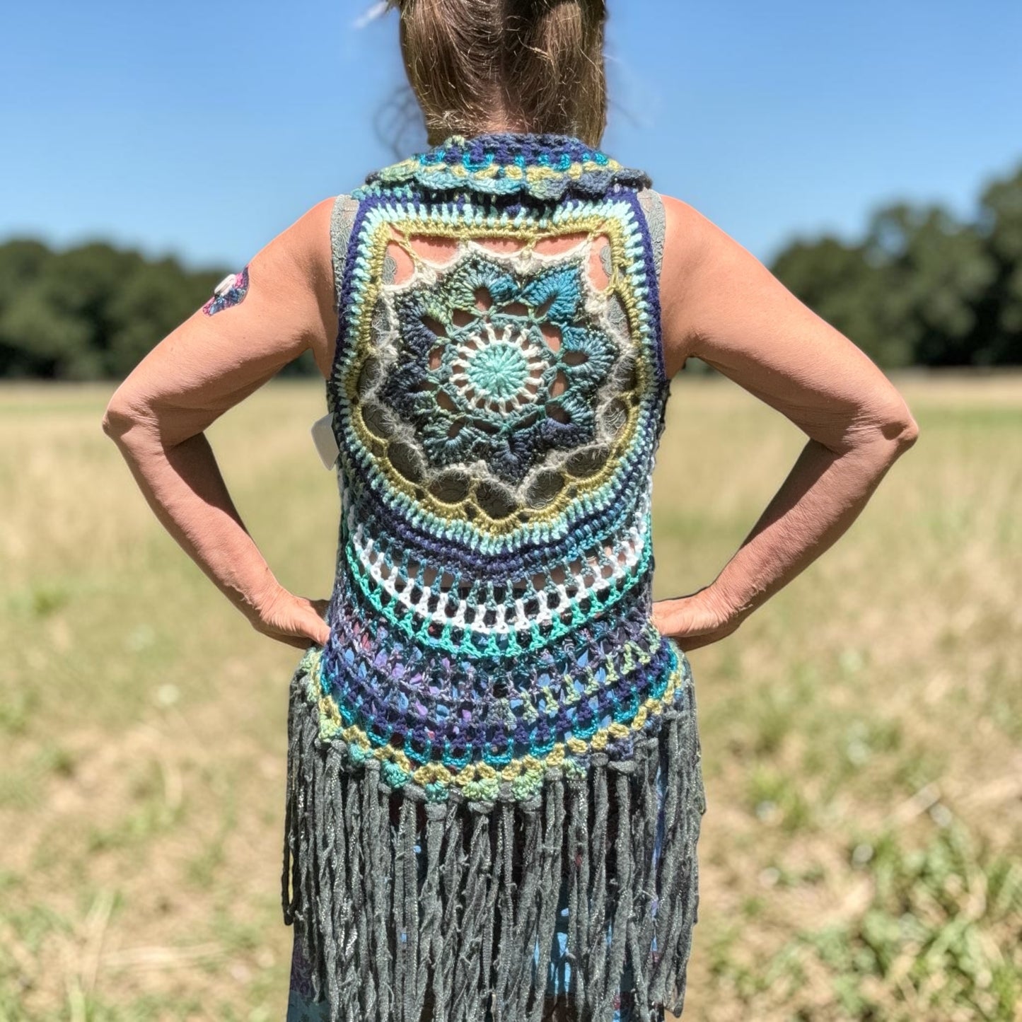 Crochet Fairy Vest with mandala on back and fringe