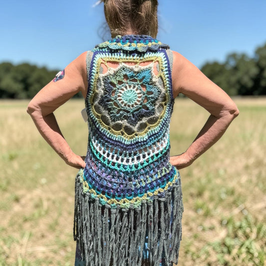 Crochet Fairy Vest with mandala on back and fringe