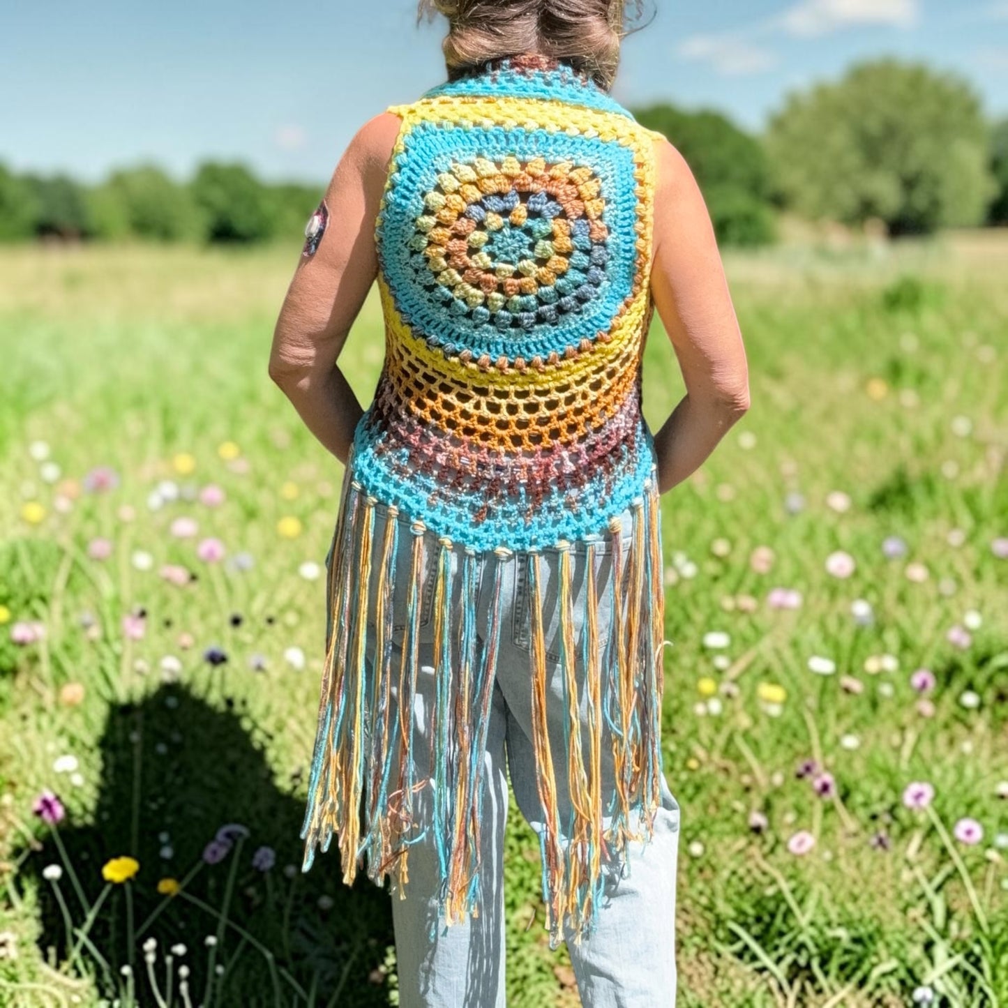 Crochet Fairy Vest with mandala on back and fringe