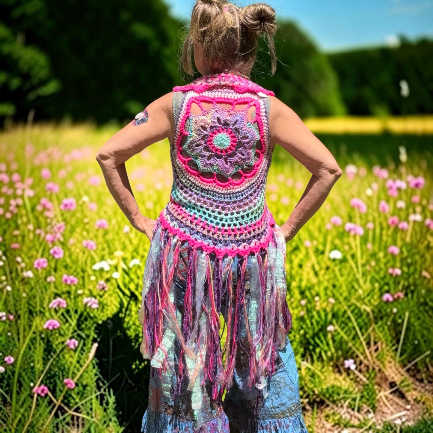 Crochet Fairy Vest with mandala on back and fringe