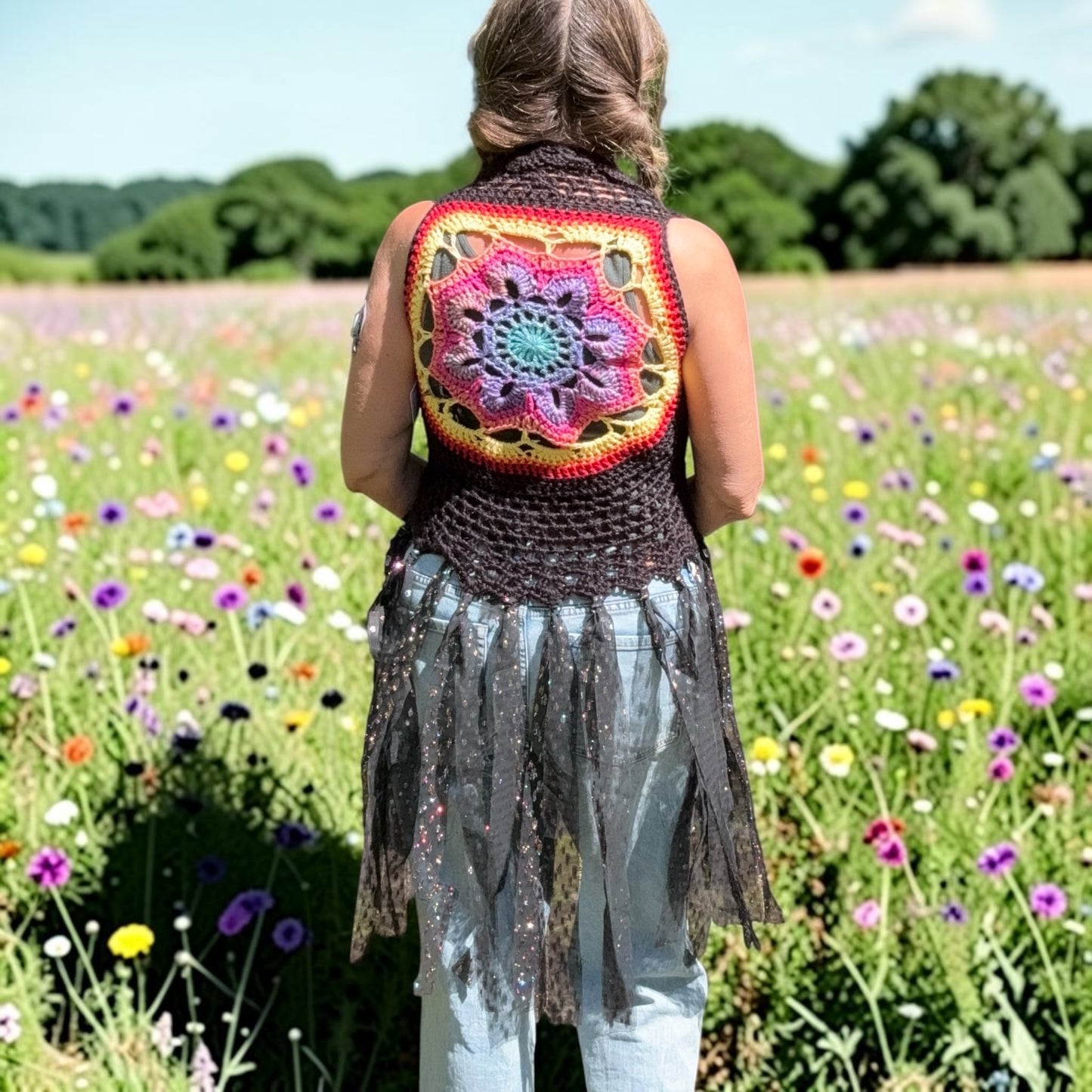 Crochet Fairy Vest with mandala on back and fringe