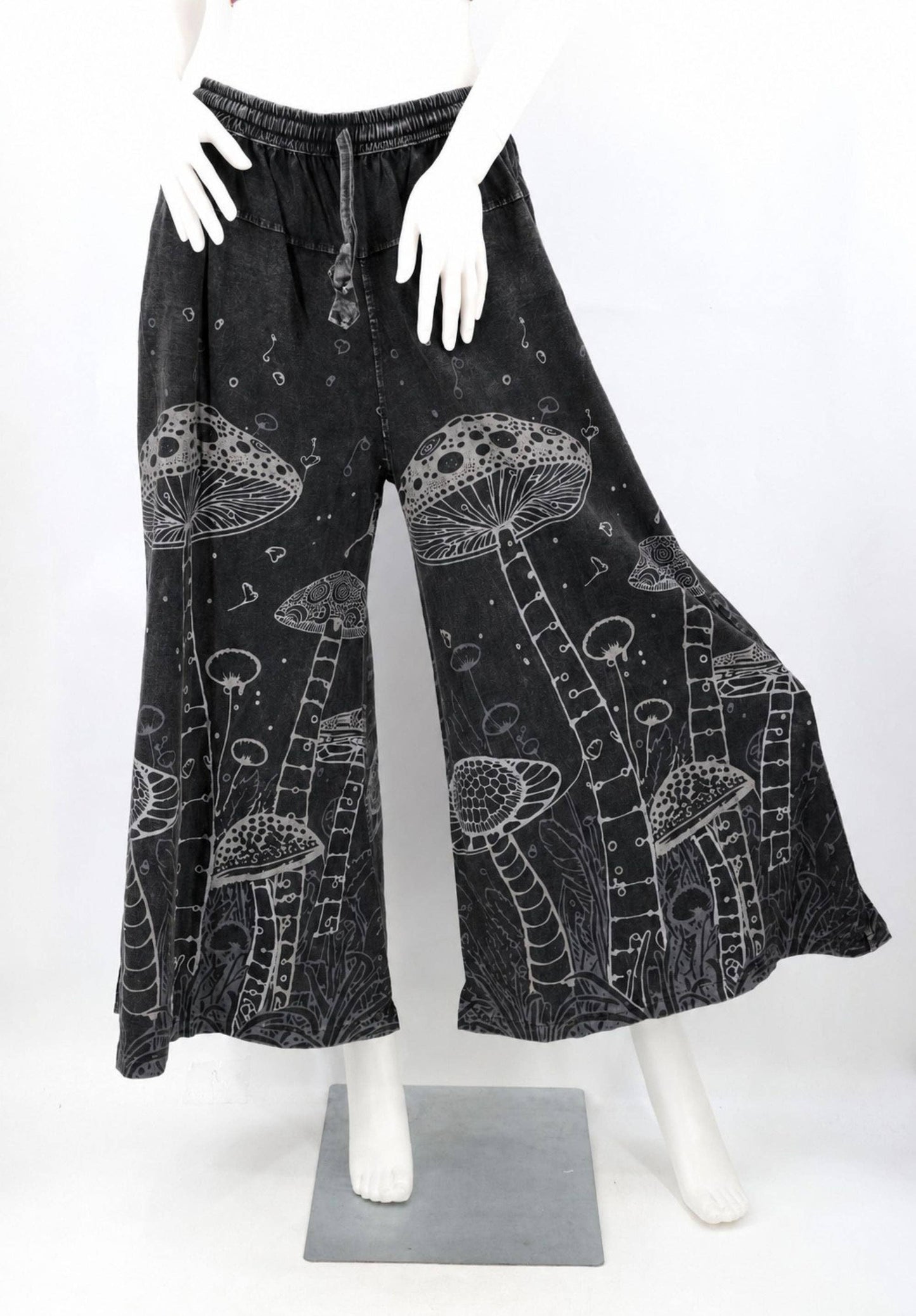 Mushroom Print Wide Leg Palazzo Pants | Stone-Washed Cotton