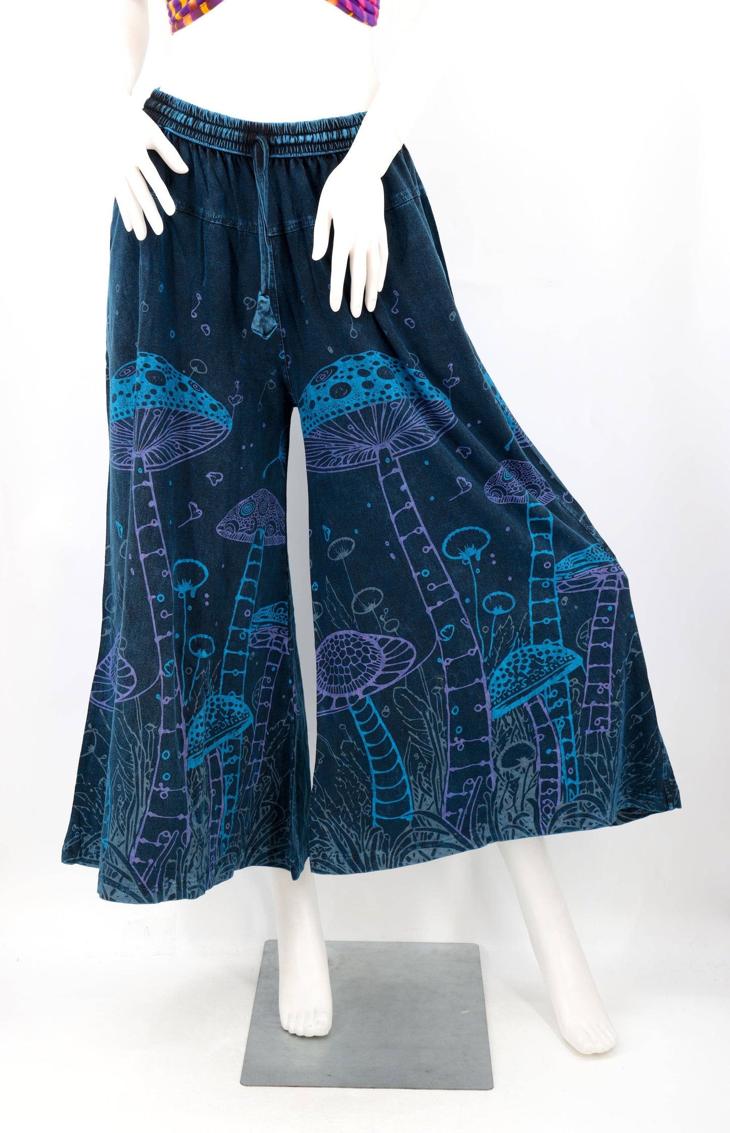 Mushroom Print Wide Leg Palazzo Pants | Stone-Washed Cotton